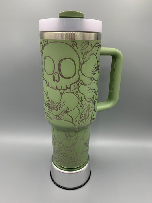 Floral Skulls 40oz Tumbler (Green W/ Silver)