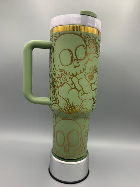 Floral Skulls 40oz Tumbler (Green W/ Gold)